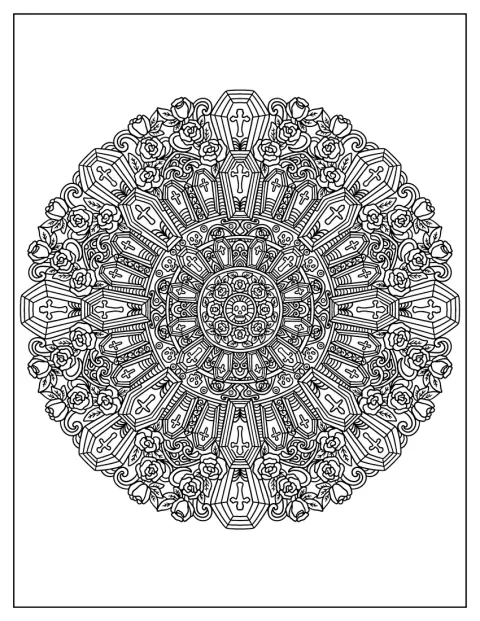 Kistor, kors och rosor skapar ett detaljrikt halloweenmandala.