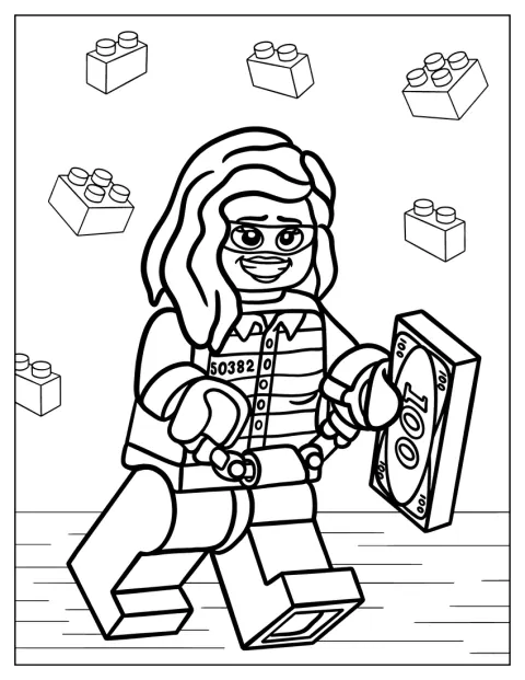 En kvinnlig LEGO-tjuv står med en påse stöldgods.