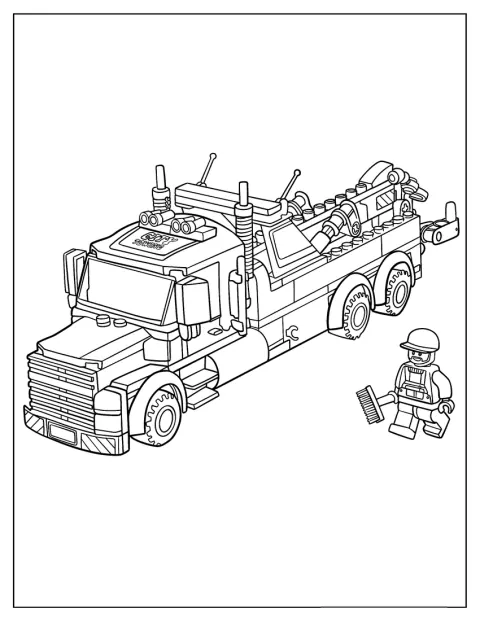 Een Lego City-sleepwagen rijdt met zijn takelinstallatie door de stad.