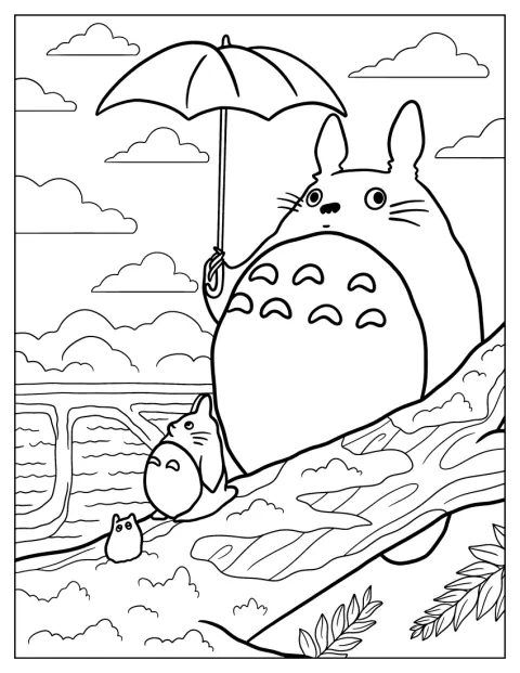 Neben einem Baum hält Totoro einen Regenschirm hoch.