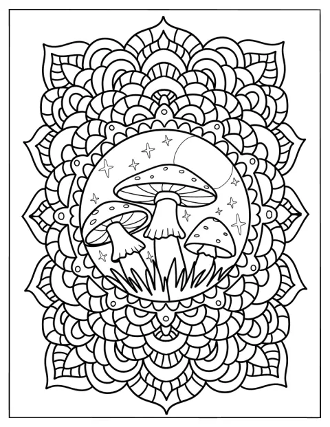 Un complejo diseño de mándala forma una gran seta.