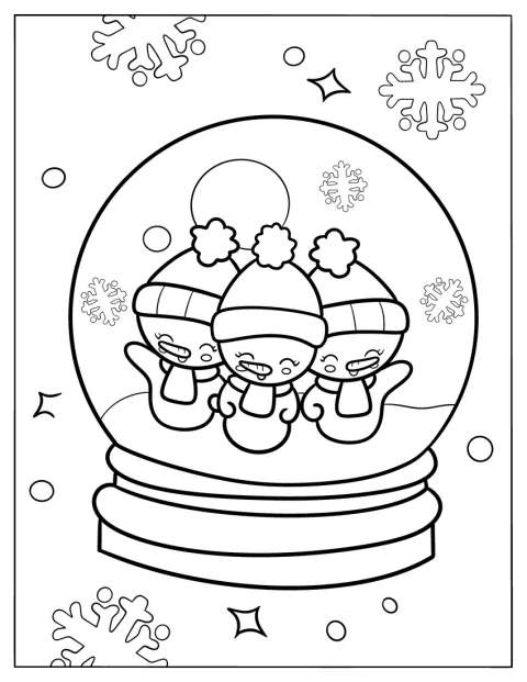 Un simpático muñeco de nieve de estilo chibi está dentro de una bola de nieve.