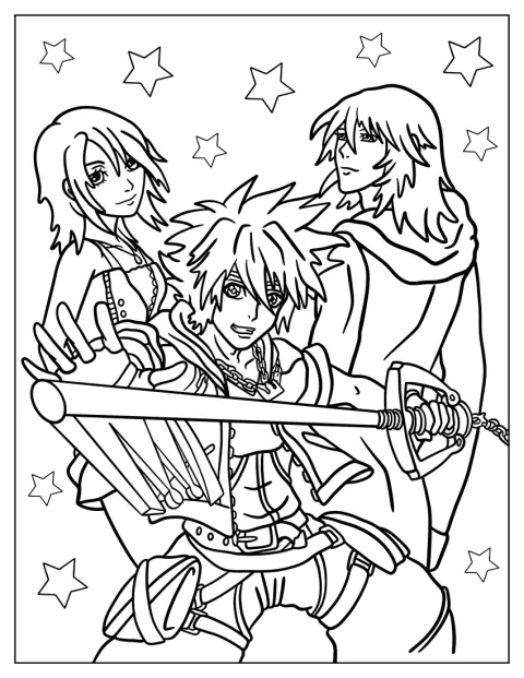 Sora, Riku och Kairi står framför en stjärnklar himmel.