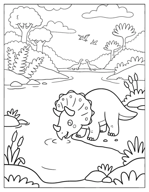En ung Triceratops drikker vand fra en flod.
