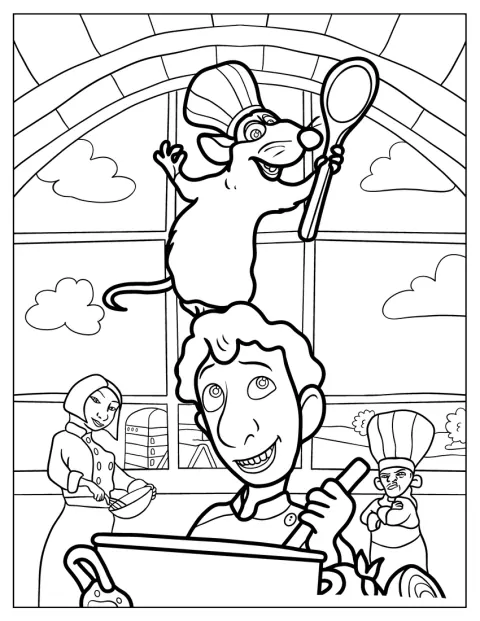 Ratatouille está sobre la cabeza de Alfredo, con Colette y Skinner al fondo.