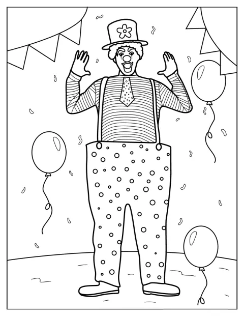Um palhaço de festa posa com umas calças muito largas.