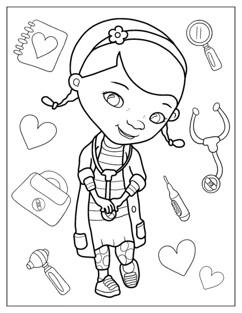 Doc McStuffins draagt een stethoscoop en kijkt je aan.
