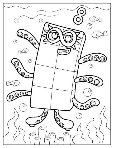 Numberblocks 8 si trova sott’acqua, tra le creature marine.