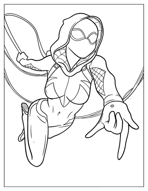 スパイダーグウェンが両手からウェブを飛ばしています。