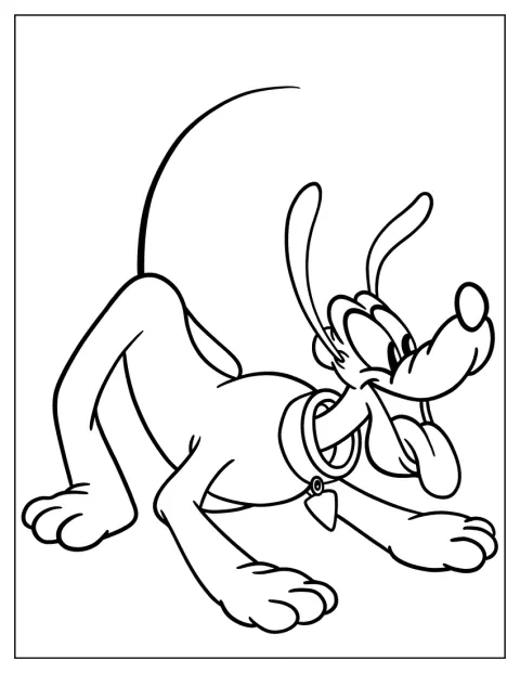 Pluto sträcker fram frambenen och böjer sig i en lekfull bugning.