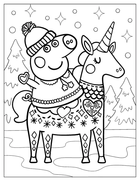 Neben Peppa Wutz steht ein Einhorn.