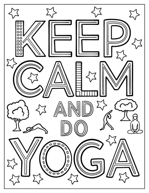Les mots « Restez calme et faites du yoga » sont inscrits en grandes lettres.