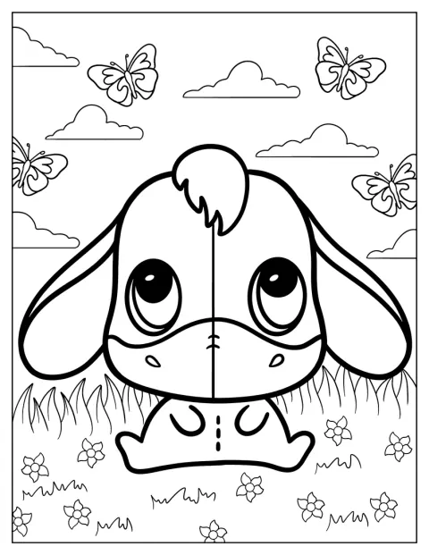 Na trawie siedzi Kłapouchy przedstawiony w uroczym stylu kawaii.