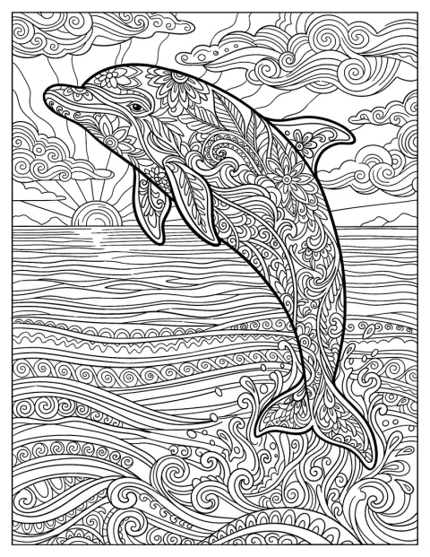 花や曼荼羅模様が描かれた波を、イルカが勢いよく跳び越えています。