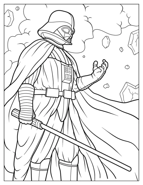 Con gesto concentrado, Darth Vader utiliza la Fuerza con una mano extendida.