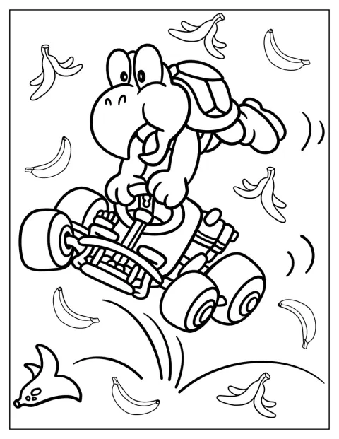 Koopa Troopa závodí v motokáře na trati Mario Kart.