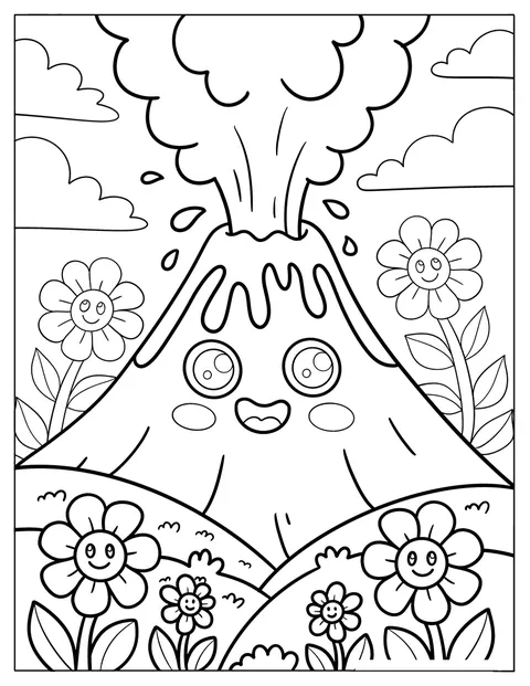 花畑の向こうで、 cartoonの火山が噴火しています。