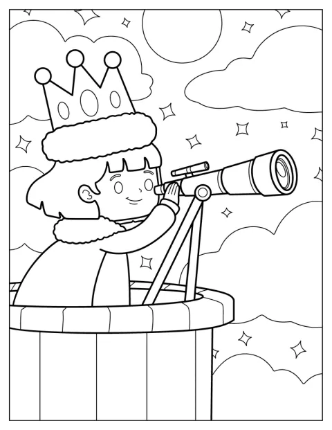 王冠をかぶったプリンセスが、望遠鏡で星空を眺めています。