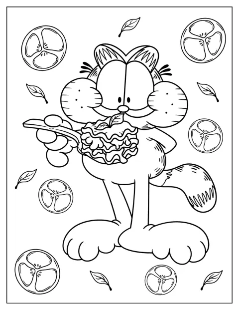 Garfield savoure une généreuse portion de lasagnes.