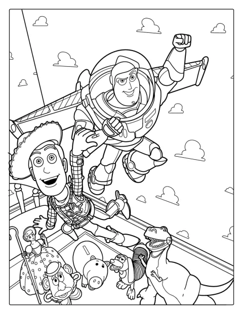 Woody följer med när Buzz Lightyear flyger genom luften.