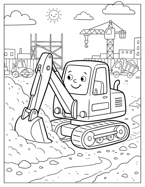 Compact Crawler Excavator Digging at a Construction Site Coloring Page for Kids