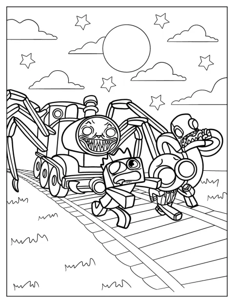 Choo Choo Charles Coloring Page Chasing Rainbow Friends