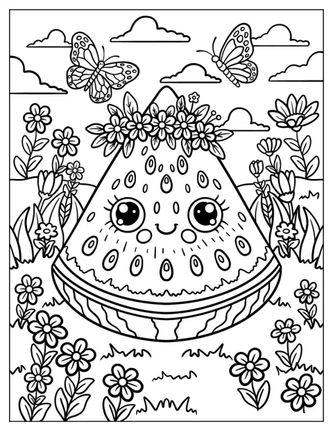 O felie de pepene cu o coroniță de flori stă într-o pajiște cu fluturi.