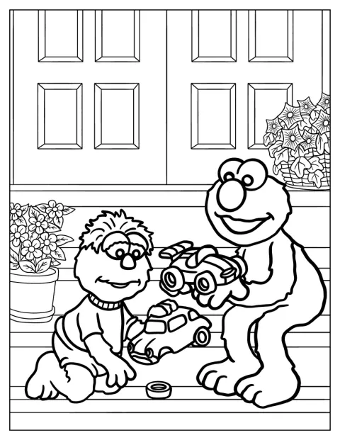 Elmo leger med en lille Muppet.