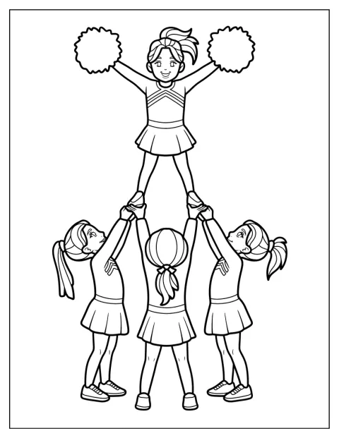 Une cheerleader est soulevée en haut d’une pyramide, les bras levés en V.
