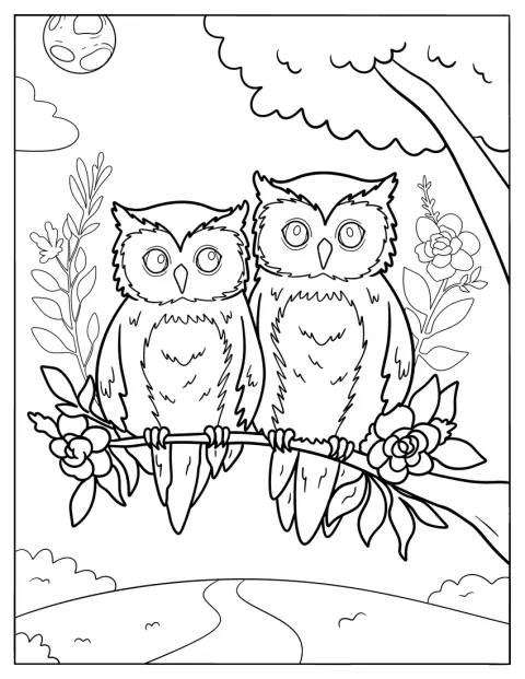 フクロウたちが、木の枝に並んでとまっています。