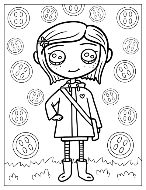 Coraline usa um casaco e leva uma mochila às costas.