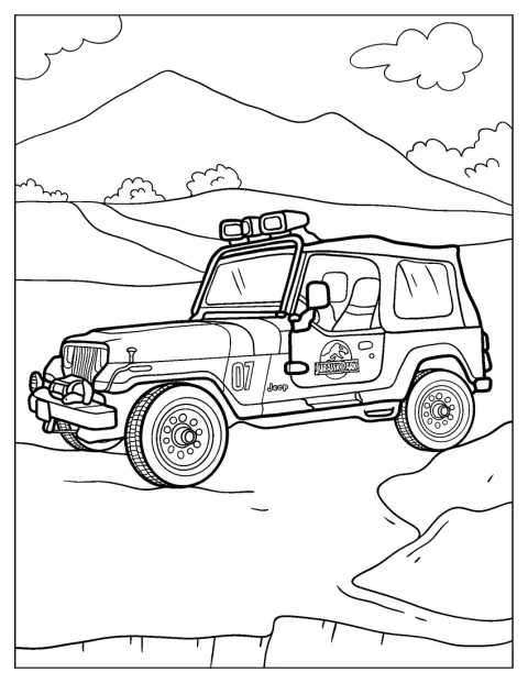 En Jurassic Park-jeep kører gennem et frodigt landskab.