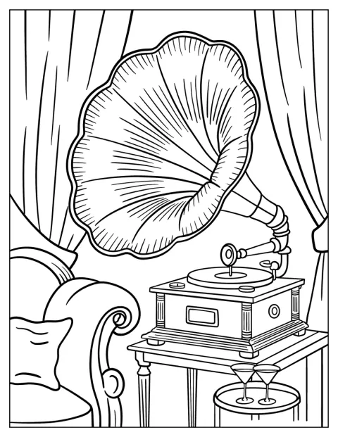 Un phonographe ancien trône dans un salon richement décoré.