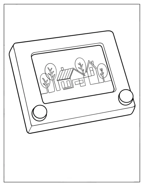 Uma casa está desenhada no ecrã de um Etch A Sketch.