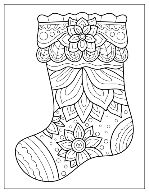 クリスマスの靴下いっぱいに、花や雪の結晶の模様が描かれています。