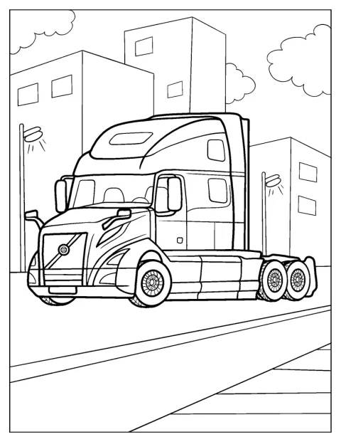 Camionul articulat Volvo are o cabină impunătoare și o remorcă lungă.