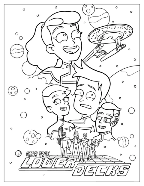 Beckett, Brad, D'Vana und Sam aus Star Trek: Lower Decks stehen zusammen.