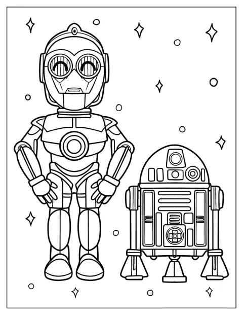 Chibi C3PO stojí vedle R2-D2.