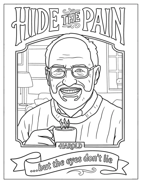 Der Hide the Pain Guy lächelt mit schmerzverzerrtem Gesicht.