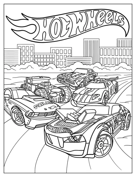 Een gedetailleerde Hot Wheels-auto rijdt over een racecircuit op een poster.