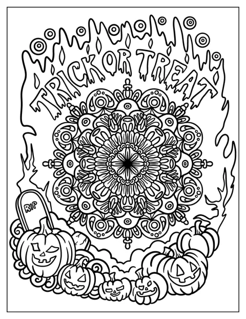 Græskarlygter og gravsten omgiver ordene »slik eller ballade« i en Halloween-mandala.