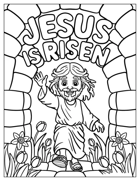 Jesús saluda con la mano mientras sale de la tumba.