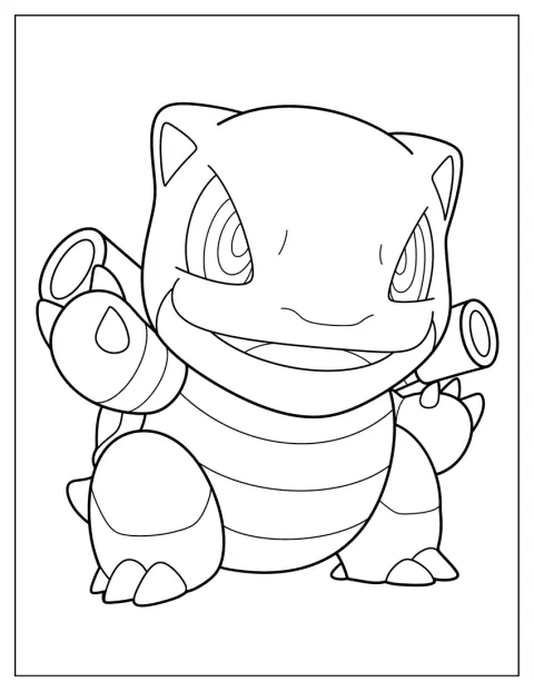 Mega Blastoise aparece con un estilo chibi y aspecto simpático.