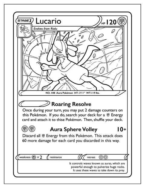 Lucario lanza una salva de Esferas Aural en una carta Pokémon.