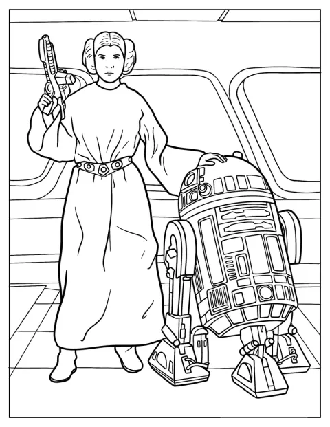 ブラスターを手にしたレイア姫が、R2-D2のそばに立っています。