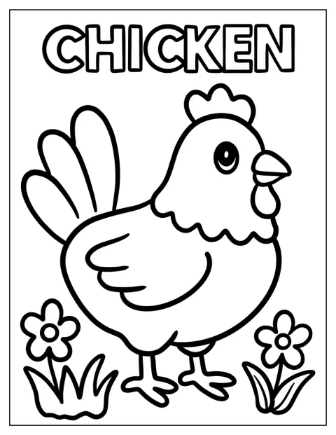 Farm Chicken Coloring Page Standing Under Text with Blossoms Around