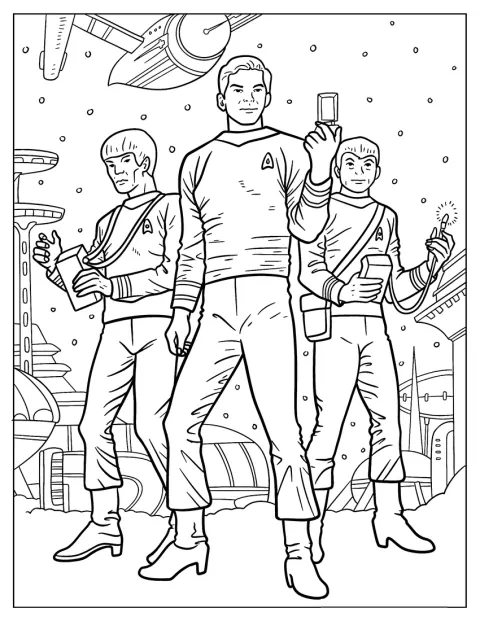 Admiral Kirk, Spock og Leonard McCoy står under USS Enterprise.