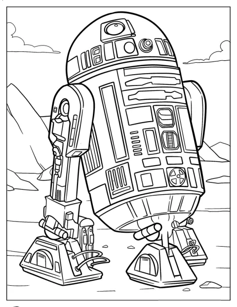 R2-D2 ist als detailreicher Umriss auf einem Planeten zu sehen.