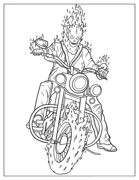 Ghost Rider conduce una motocicleta mientras las llamas lo rodean.