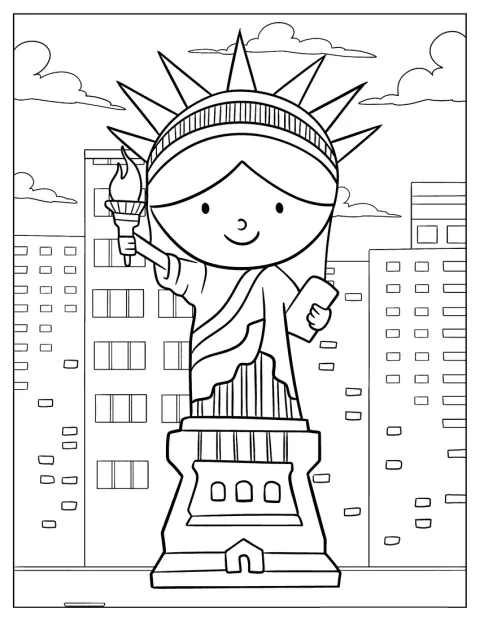 En søt, tegneserieaktig Frihetsgudinne står på Liberty Island i New York.